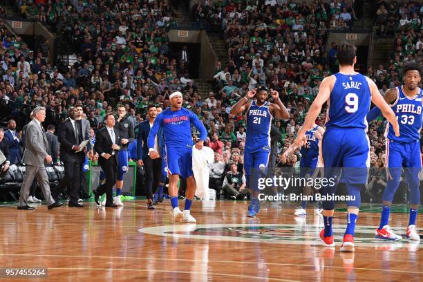 Justin Anderson reacts during the game against the Boston Celtics in Game Five of the Eastern Conference Semifinals of the 2018 NBA Playoffs on May...