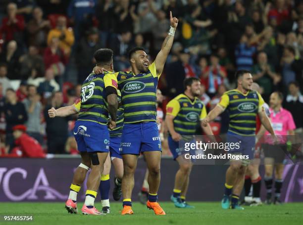 Willis Halaholo and Rey Lee-Lo of Cardiff Blues celebrate afrter winning the European Rugby Challenge Cup Final match between Cardiff Blues and...