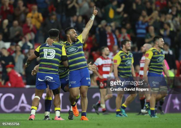 Willis Halaholo and Rey Lee-Lo of Cardiff Blues celebrate afrter winning the European Rugby Challenge Cup Final match between Cardiff Blues and...
