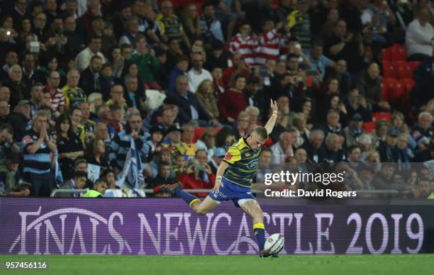 Gareth Anscombe of Cardiff Blues kicks a penalty to win the European Rugby Challenge Cup Final match between Cardiff Blues and Gloucester Rugby at...