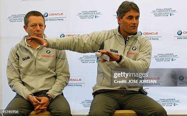 Oracle skipper Russell Coutts and Spanish designer Manuel Ruiz de Elvira give a press conference at BMW headquarters in Valencia, on January 13,...