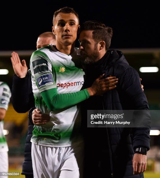 Dublin , Ireland - 11 May 2018; Graham Burke of Shamrock Rovers embraces Shamrock Rovers manager Stephen Bradley after the SSE Airtricity League...
