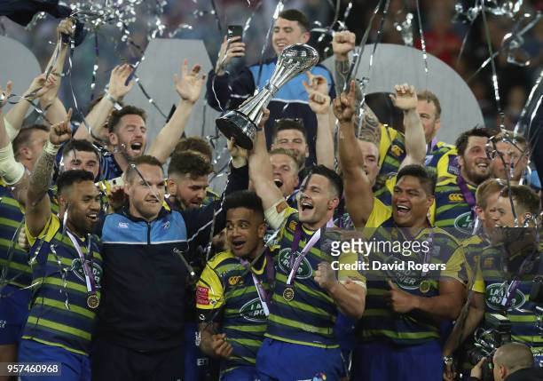Ellis Jenkins of Cardiff Blues lifts the trophy after winning the European Rugby Challenge Cup Final match between Cardiff Blues and Gloucester Rugby...