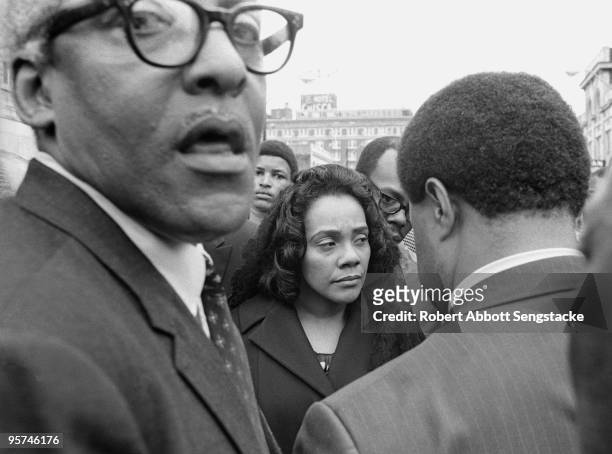 Civil rights activist Coretta Scott King participates in the Sanitation Workers march, soon after the assassination of her husband, Dr. Martin Luther...