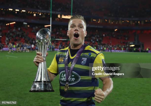 Gareth Anscombe of Cardiff Blues celebrates after winning the European Rugby Challenge Cup Final match between Cardiff Blues and Gloucester Rugby at...