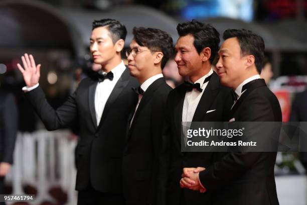 Actor Ji-Hoon Ju, director Jong-bin Yoon, actor Jung-min Hwang and actor Sung-min Lee attend the screening of "The Spy Gone North " during the 71st...