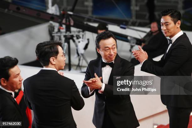 Actor Jung-min Hwang, director Jong-bin Yoon, Sung-min Lee and actor Ji-Hoon Ju attend the screening of "The Spy Gone North " during the 71st annual...