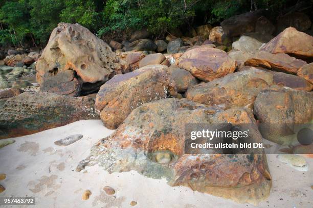 Strand mit Felsen und Regenwald an der Küste, Permai Rainforest, Santubong, Südchinesisches Meer, Sarawak, Borneo, Malaysia, Asien