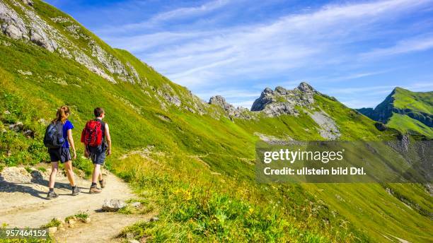 Wanderer auf dem Bergwanderweg Laufbacher Eck-Weg, ein Panoramahöhenweg vom Nebelhorn ins Oytal, hinten die Höfats, 2259m