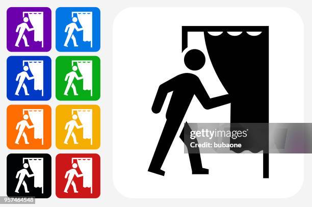 bildbanksillustrationer, clip art samt tecknat material och ikoner med gå backstage fyrkantig knapp ikonuppsättning - backstage