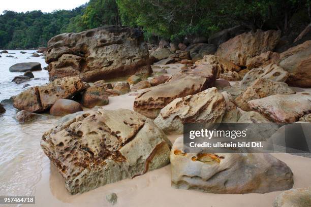 Strand mit Felsen und Regenwald an der Küste, Permai Rainforest, Santubong, Südchinesisches Meer, Sarawak, Borneo, Malaysia, Asien