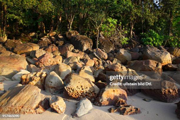 Strand mit Felsen und Regenwald an der Küste, Permai Rainforest, Santubong, Südchinesisches Meer, Sarawak, Borneo, Malaysia, Asien