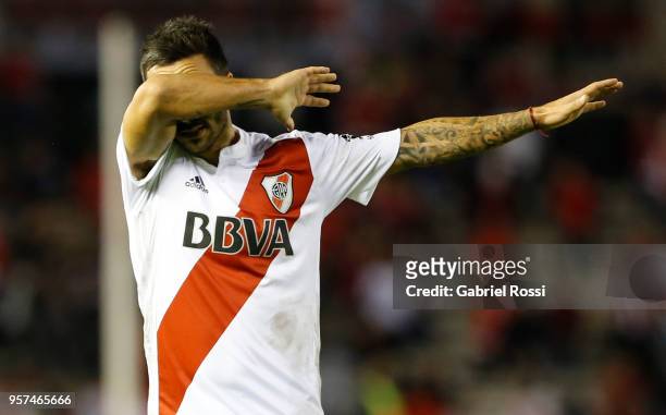 Ignacio Scocco of River Plate celebrates after scoring the second goal of his team during a match between River Plate and Estudiantes de La Plata as...