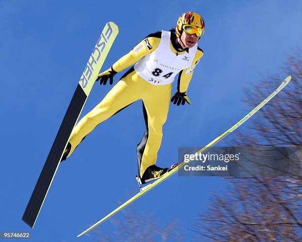 Winner Noriaki Kasai jumps during the STV Cup on the Okurayama Jump Stadium on January 10, 2010 in Sapporo, Hokkaido, Japan.
