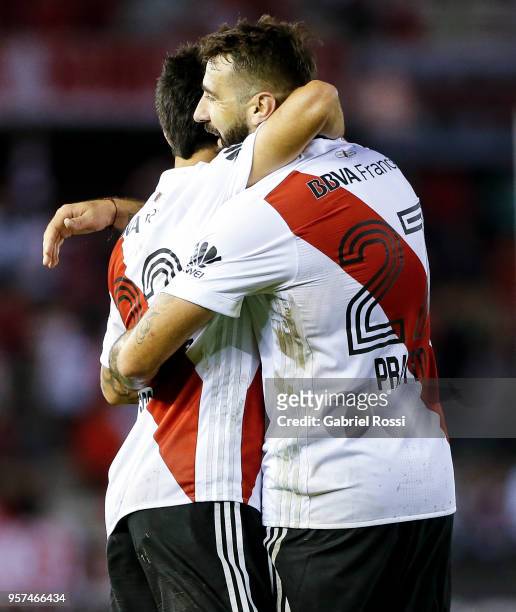 Ignacio Scocco of River Plate celebrates with teammate Lucas Pratto after scoring the second goal of his team during a match between River Plate and...