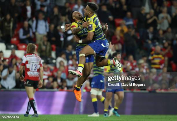 Rey Lee-Lo and Willis Halaholo of Cardiff celebrate their victory during the European Rugby Challenge Cup Final match between Cardiff Blues v...