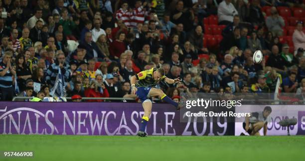 Gareth Anscombe of Cardiff kicks the match winning penalty during the European Rugby Challenge Cup Final match between Cardiff Blues v Gloucester...