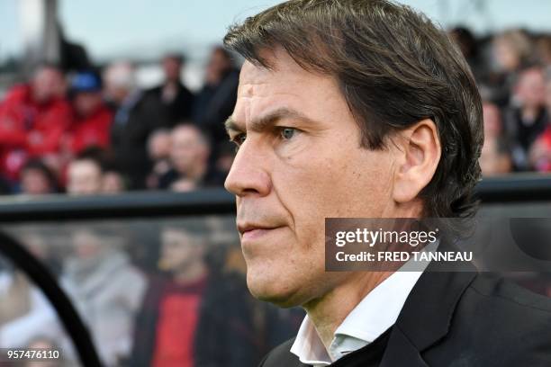 Marseille's French coach Rudi Garcia attends during the French L1 football match between Guingamp and Marseille, on May 11, 2018 at the Roudourou...