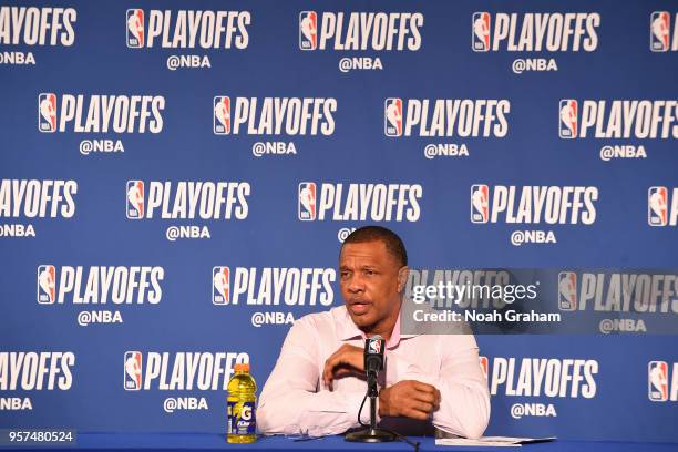 Head Coach Alvin Gentry of the New Orleans Pelicans speaks with the media after the game against the Golden State Warriors in Game Five of the...