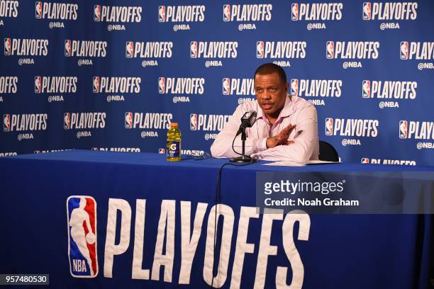 Head Coach Alvin Gentry of the New Orleans Pelicans speaks with the media after the game against the Golden State Warriors in Game Five of the...