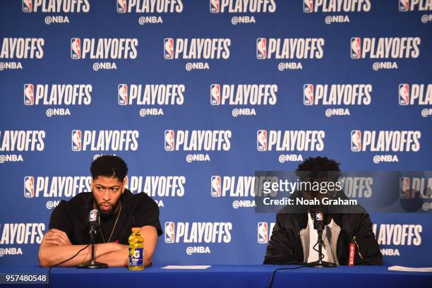 Anthony Davis and Jrue Holiday of the New Orleans Pelicans speak with the media after the game against the Golden State Warriors in Game Five of the...
