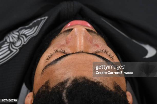 Anthony Davis of the New Orleans Pelicans stretches before the game against the Golden State Warriors in Game Five of the Western Conference...