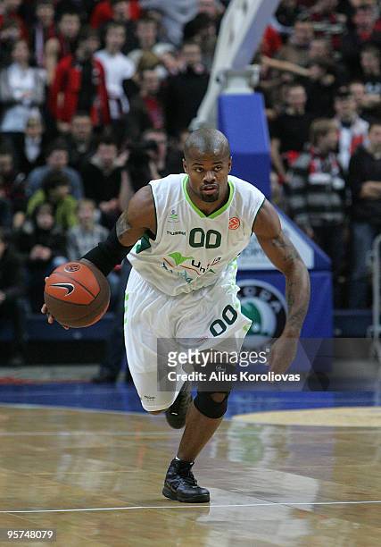Omar Cook, #00 of Unicaja in action during the Euroleague Basketball Regular Season 2009-2010 Game Day 10 between Lietuvos Rytas vs Unicaja at...