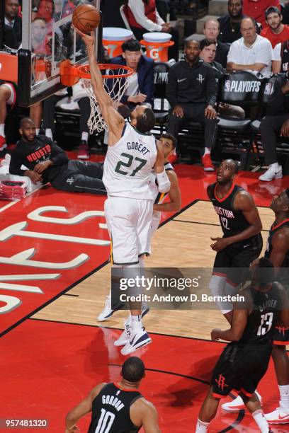 Rudy Gobert of the Utah Jazz shoots the ball against the Houston Rockets during Game Five of the Western Conference Semifinals of the 2018 NBA...