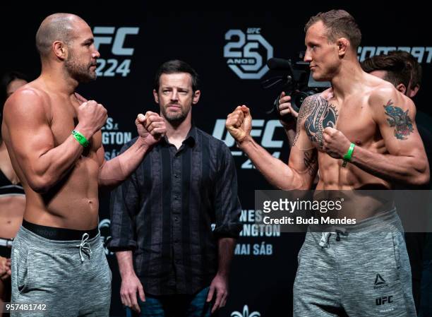 Opponents Thales Leites of Brazil and Jack Hermansson of Sweden face off during the UFC 224 weigh-in at Jeunesse Arena on May 11, 2018 in Rio de...