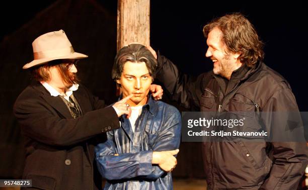 Johnny Depp unveils a statue of Johnny Depp during the Kustendorf film festival on January 13, 2010 in Belgrade, Serbia.