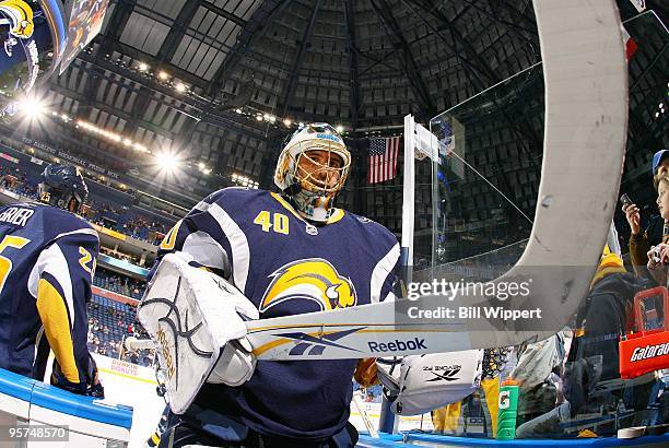 Patrick Lalime of the Buffalo Sabres leaves the ice after warming up for their game against the Tampa Bay Lightning on January 6, 2010 at HSBC Arena...