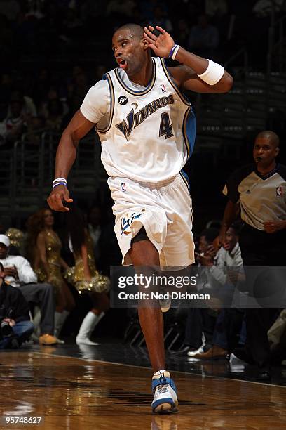 Antawn Jamison of the Washington Wizards celebrates after a play against the New Orleans Hornets during the game on January 10, 2010 at the Verizon...