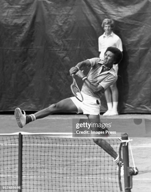 Arthur Ashe of the United States returns a shot during the Men's 1975 US Open Tennis Championships circa 1975 at Forest Hills West Side Tennis Club...