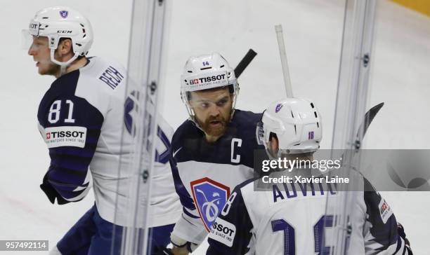 Captain Stephane Da Costa of France celebrate a goal with Yohann Auvitu during the 2018 IIHF Ice Hockey World Championship Group A between Austria...