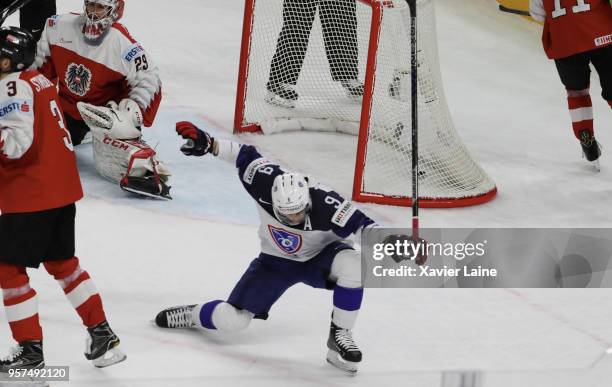 Damien Fleury of France celebrate hs first goal during the 2018 IIHF Ice Hockey World Championship Group A between Austria and France at Royal Arena...