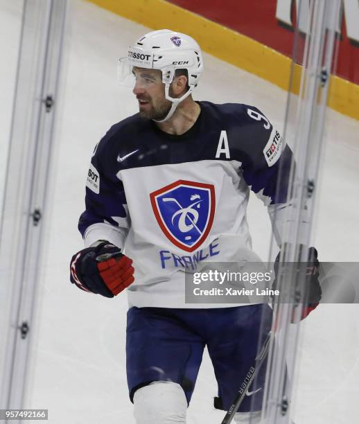 Damien Fleury of France celebrate hs first goal during the 2018 IIHF Ice Hockey World Championship Group A between Austria and France at Royal Arena...