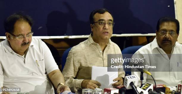 Delhi Congress President Ajay Maken addresses a press conference on CCTV scam against the Delhi Government at Press Club on May 11, 2018 in New...