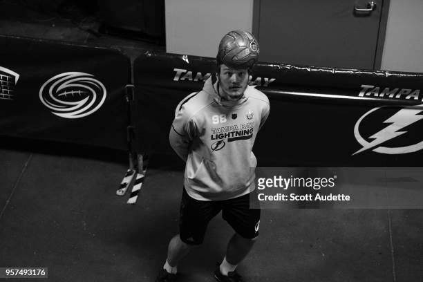 Mikhail Sergachev of the Tampa Bay Lightning plays soccer before the game against the Washington Capitals during Game One of the Eastern Conference...