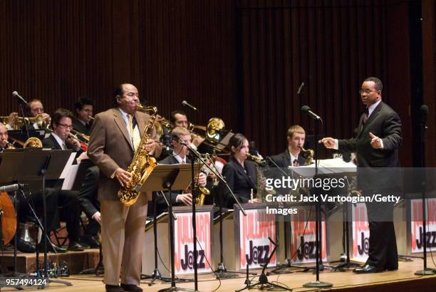 American jazz, tenor saxophonist Benny Golson performs with the Juilliard Jazz Orchestra conducted by Victor Goines at Alice Tully Hall at Lincoln...