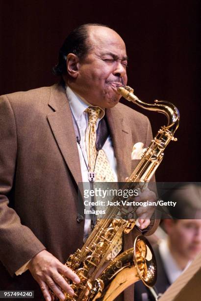 American tenor saxophonist and composer Benny Golson performs with the Juilliard Jazz Orchestra at Alice Tully Hall at Lincoln Center, New York, New...