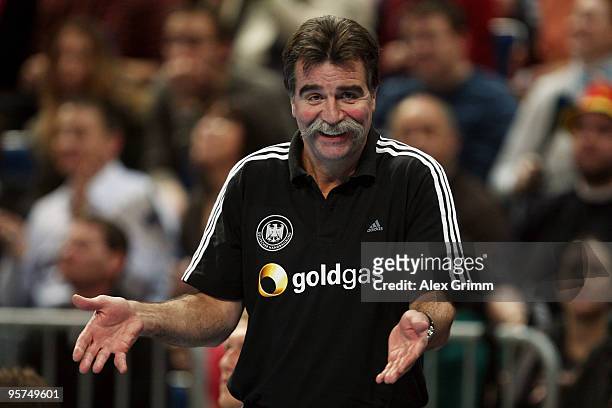 Head coach Heiner Brand of Germany reacts during the international handball match between Germany and Brazil at the SAP Arena on January 13, 2010 in...
