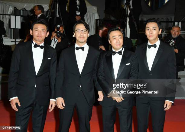 Actor Jung-min Hwang, director Jong-bin Yoon, actor Sung-min Lee and actor Ji-Hoon Ju attend the screening of "The Spy Gone North " during the 71st...
