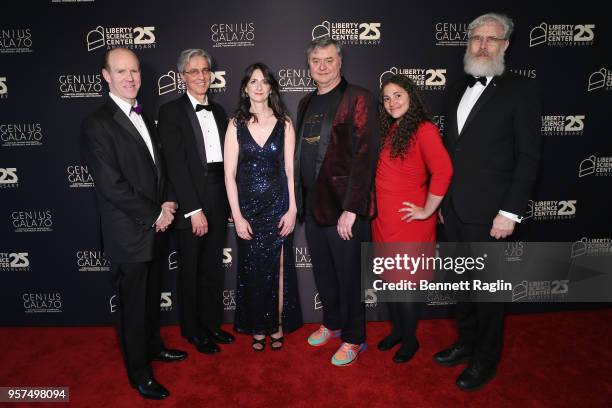 Steve Howe, Ralph Izzo, Sara Seager, Paul Hoffman, Laurie Santos, and George Church attend the Genius Gala 7.0 at the Liberty Science Center on May...