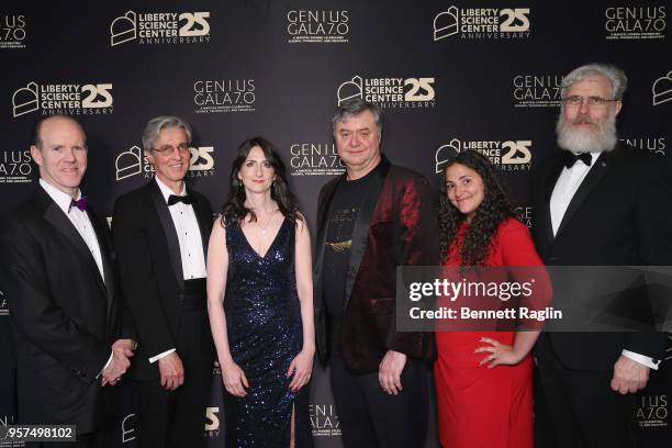 Steve Howe, Ralph Izzo, Sara Seager, Paul Hoffman, Laurie Santos, and George Church attend the Genius Gala 7.0 at the Liberty Science Center on May...