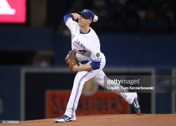 Aaron Sanchez of the Toronto Blue Jays delivers a pitch in the first inning during MLB game action against the Boston Red Sox at Rogers Centre on May...