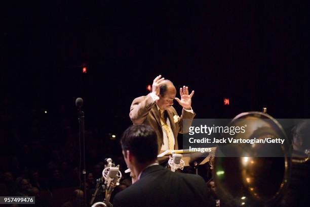 American jazz composer and musician Benny Golson conducts the Juilliard Jazz Orchestra in the world premiere of his composition 'Above and Beyond' at...