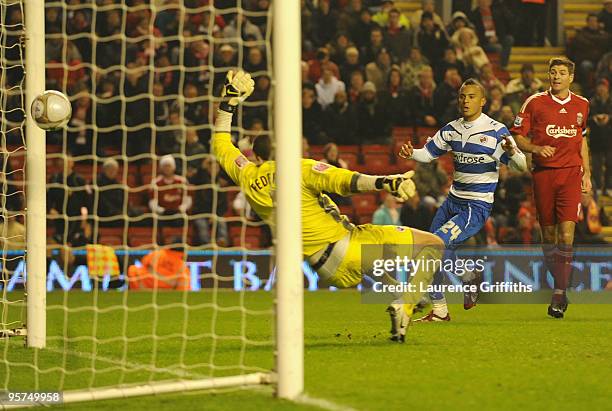 Ryan Bertrand of Reading scores an own goal past team mate Adam Federici during the FA Cup sponsored by E.ON 3rd Round Replay match between Liverpool...