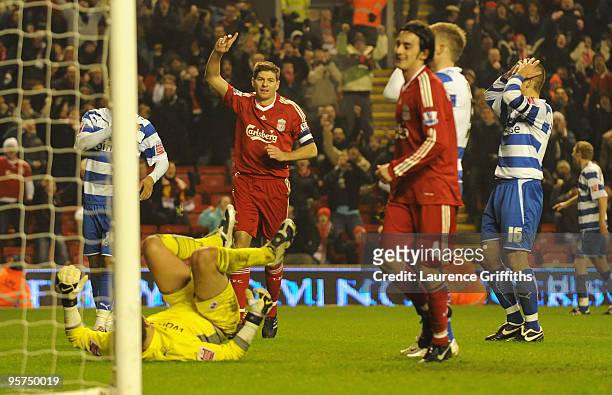 Steven Gerrard of Liverpool celebrates after Ryan Bertrand of Reading scored an own goal past team mate Adam Federici during the FA Cup sponsored by...