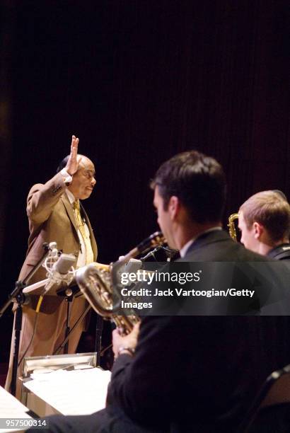 American jazz composer and musician Benny Golson conducts the Juilliard Jazz Orchestra in the world premiere of his composition 'Above and Beyond' at...