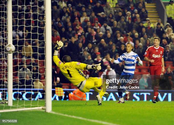 Ryan Bertrand of Reading scores an own goal during the FA Cup 3rd round replay match between Liverpool and Reading at Anfield, on January 13, 2010 in...